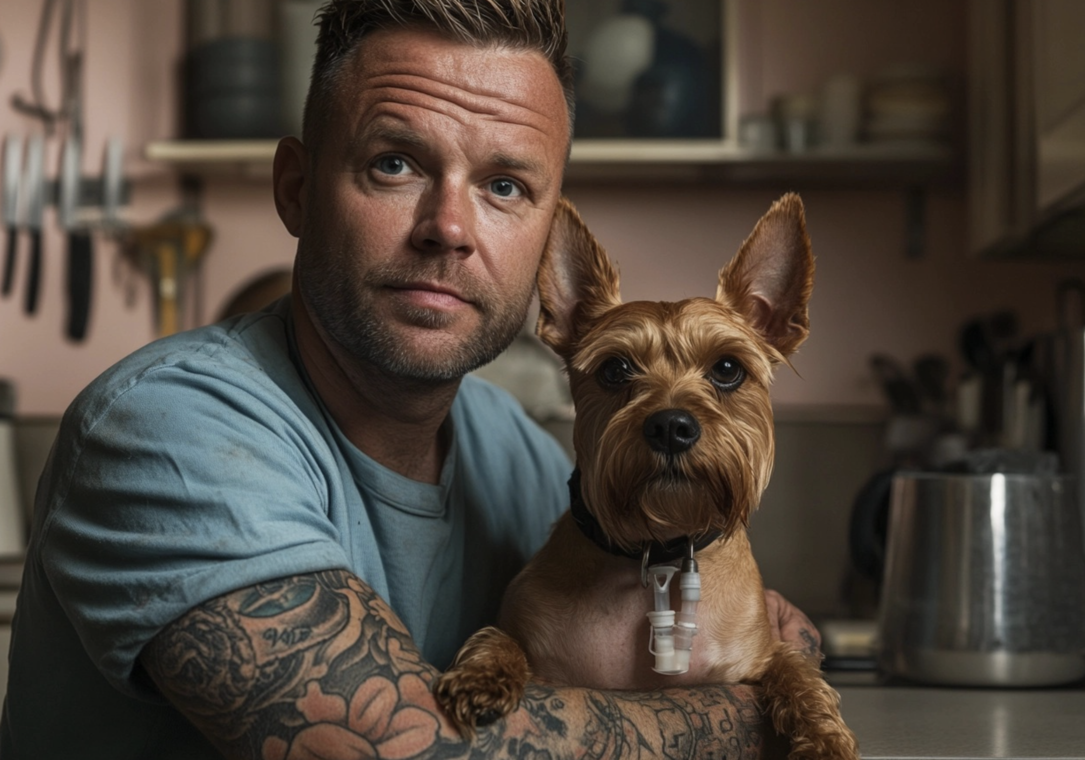 Simon Quist med sin egen Norfolk Terrier; Hurricane", som for nylig fik foretaget en laryngektomi